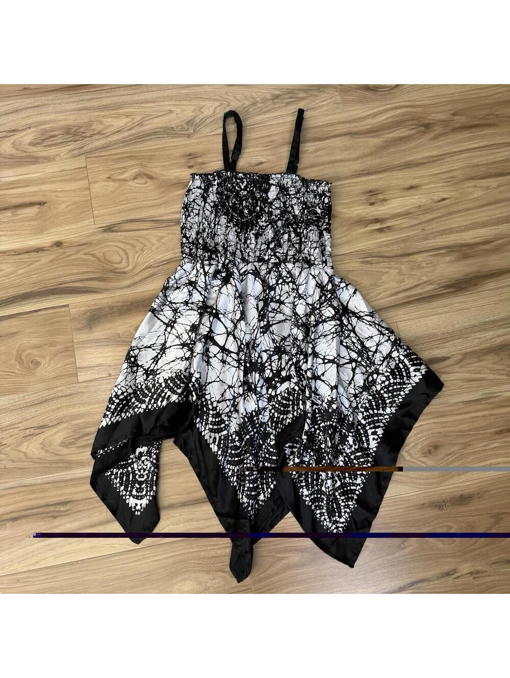 Black White Abstract Print Smocked Handkerchief Hem Tank Whimsigoth Fairy